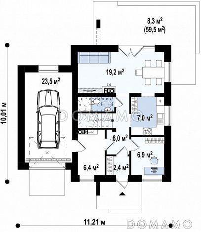 Проект одноэтажного мансардного дома из газобетона с тремя спальнями, кабинетом и гаражом  / План 1 этажа