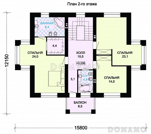 Проект двухэтажного особняка с тремя спальными комнатами и комнатой для гостей / План 2 этажа
