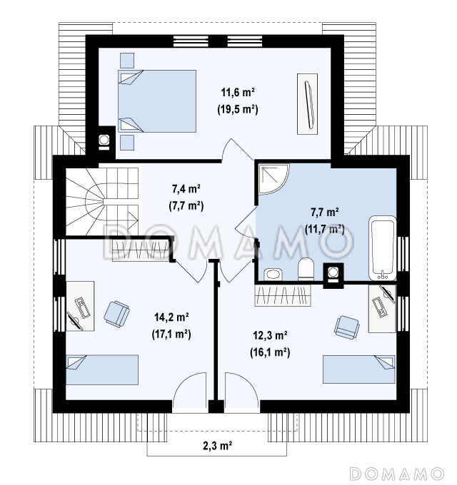 Проект одноэтажного мансардного дома из кирпича с балконом над входом / План мансардного этажа