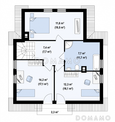 Проект одноэтажного мансардного дома из кирпича с балконом над входом / План мансардного этажа