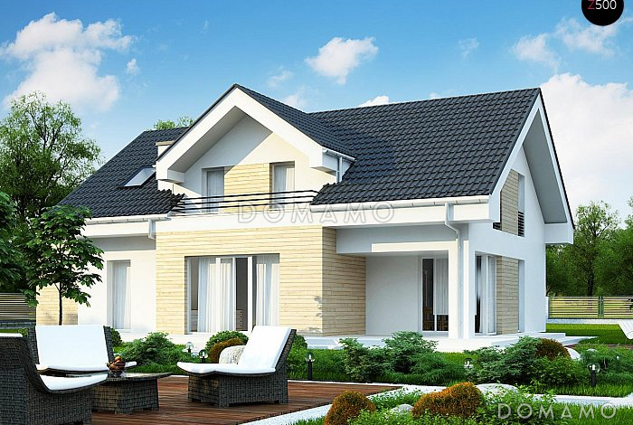 Проект мансардного дома из кирпича со встроенным гаражом, кабинетом и балконом