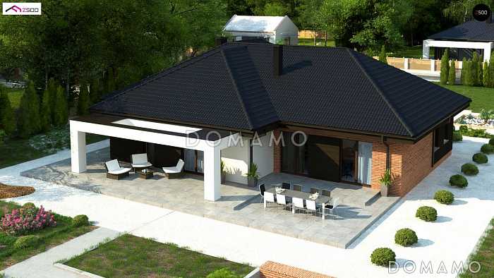 Проект одноэтажного просторного дома из газобетона с отрытой террасой и гаражом для двух автомобилей 