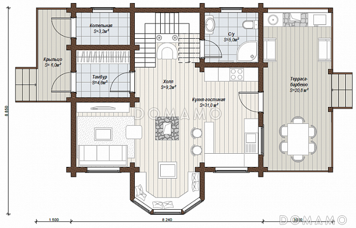 Проект двухэтажного коттеджа с эркером первого этажа, который переходит в балкон / План 1 этажа