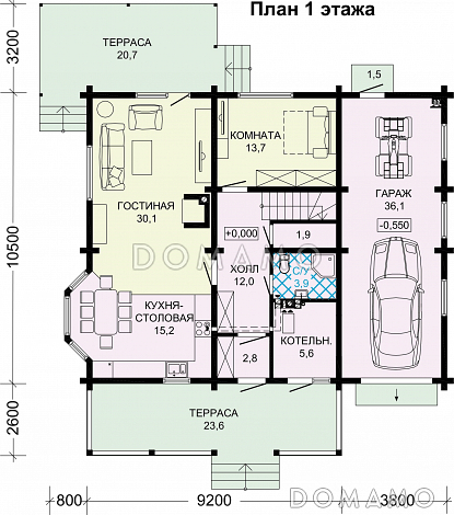 Проект двухэтажного деревянного дома с двумя террасами и гаражом на 1 автомобиль / План 1 этажа