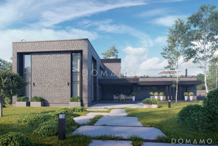 Проект дома из газобетона с эксплуатируемой кровлей, террасой барбекю, гаражом и вторым светом