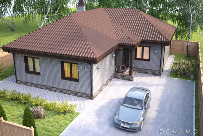 Проект компактного одноэтажного дома из СИП панелей с тремя спальнями и большой кухней-столовой-гостиной