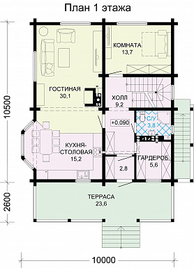 Проект дома из бруса с сауной и просторной комнатой отдыха на цокольном этаже / План 1 этажа