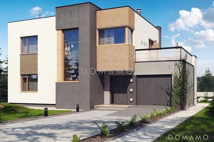 Проект двухэтажного дома с гаражом, кладовой, ванной с угловым окном, террасой