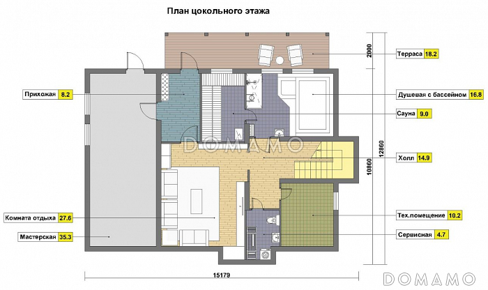 Проект каркасного дома с цокольным этажом и небольшим бассейном / План цокольного этажа