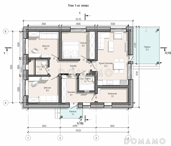 Проект дома с тремя спальнями, кухней-гостиной, большой прихожей и котельной / План 1 этажа