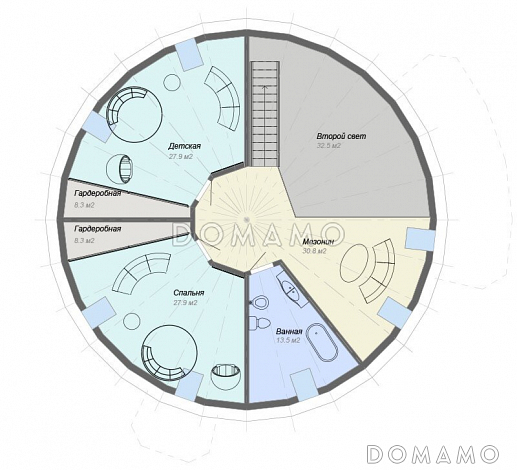 Проект круглого в плане дома с большими спальными комнатами / План мансардного этажа