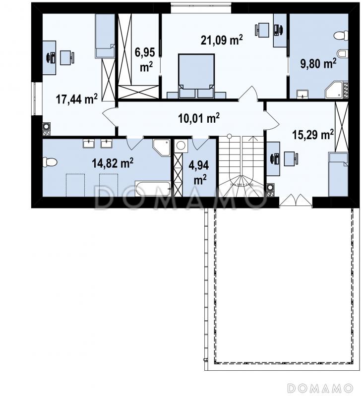 Проект комфортного одноэтажного мансардного дома из кирпича с гаражом и террасой над ним / План мансардного этажа
