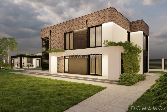 Проект двухэтажного дома в стиле хай-тек с мастерской-гаражом, очень просторной террасой и вторым светом