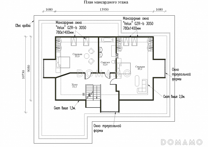Проект одноэтажного дома с мансардой и треугольными окнами на крыше / План мансардного этажа