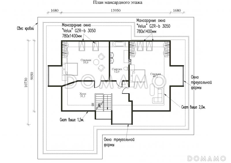 Проект одноэтажного дома с мансардой и треугольными окнами на крыше / План мансардного этажа