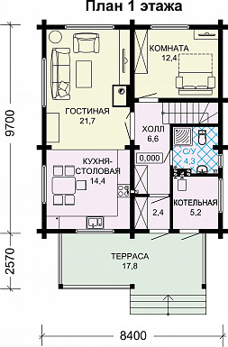 Проект двухэтажного дома из бруса с 4 спальнями и крыльцом-террасой / План 1 этажа