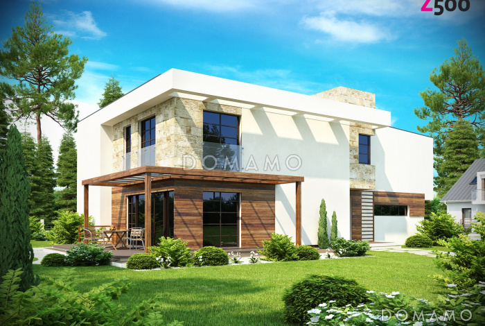 Проект трехэтажного дома в стиле хай-тек с гаражом на две машины и балконом над ним