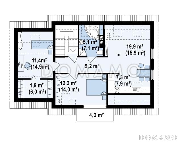Проект одноэтажного мансардного дома из кирпича с гаражом, для двух семей на разных уровнях / План мансардного этажа