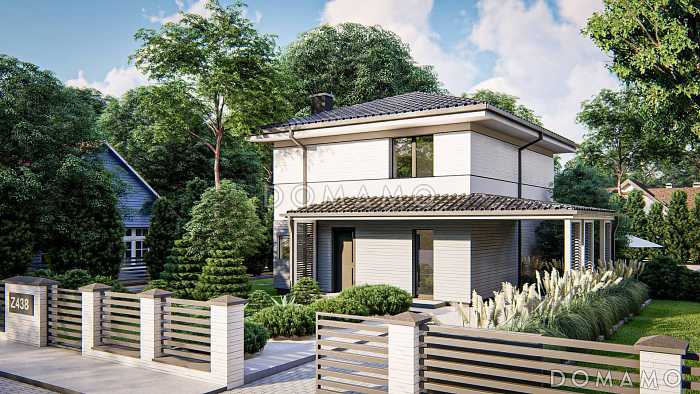 Проект двухэтажного дома с кабинетом, объединенной кухней и гостиной, террасой, спальнями на втором этаже