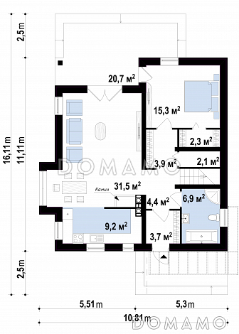 Проект одноэтажного дома из кирпича с мансардным этажом с прямоугольным эркером и балконом / План 1 этажа