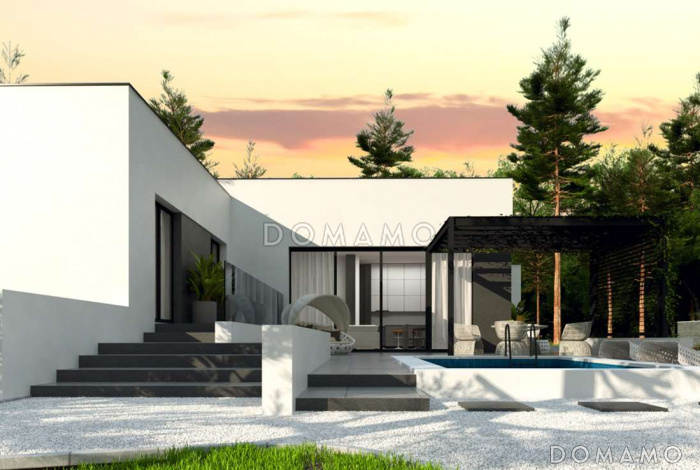 Проект просторного современного одноэтажного дома из газобетона с плоской крышей, с большой гостиной, террасой и гаражом 