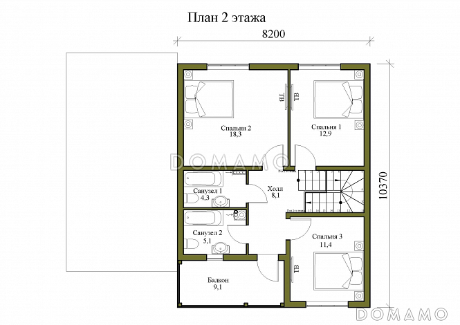 Проект двухэтажного дома с навесом и балконом / План 2 этажа