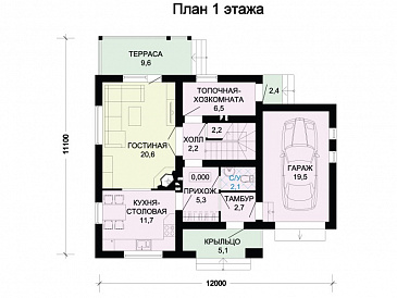 Проект коттеджа с красной двускатной крышей, тремя спальными комнатами, балконом и гаражом / План 1 этажа