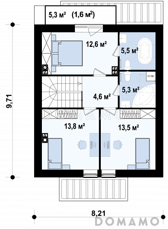 Проект компактного одноэтажного мансардного дома из кирпича с тремя спальнями и кабинетом / План мансардного этажа