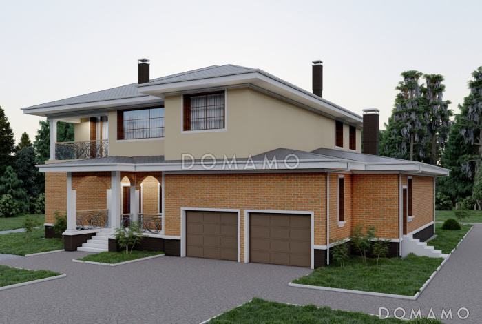 Проект просторного двухэтажного дома с эркером, двумя террасами и гаражом на 2 места