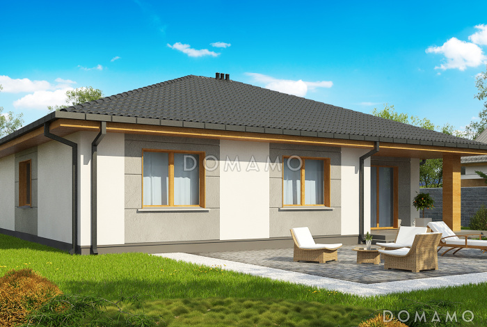 Проект одноэтажного загородного дома с мастер-спальней, террасой, кухней с окном у мойки