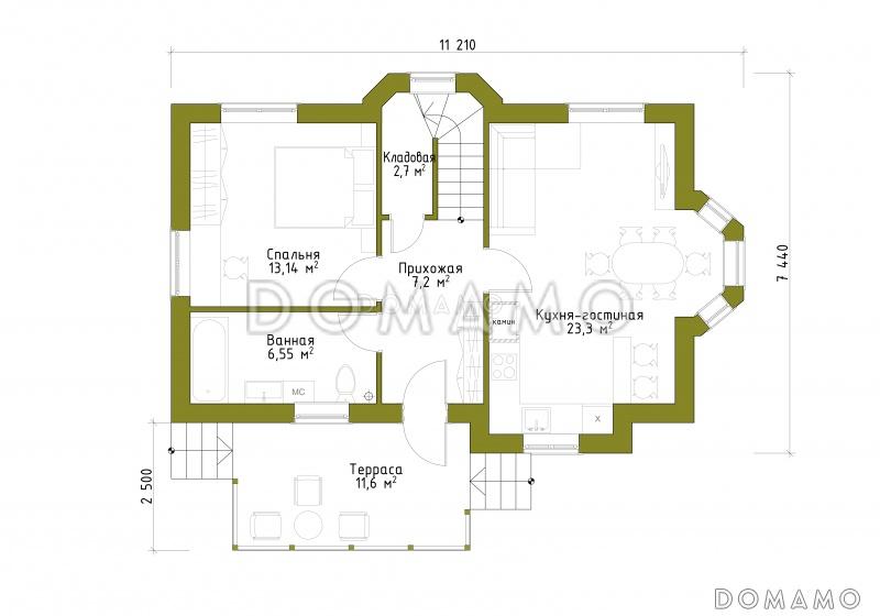 Проект небольшого каркасного дома с большим крыльцом и эркером. / План 1 этажа