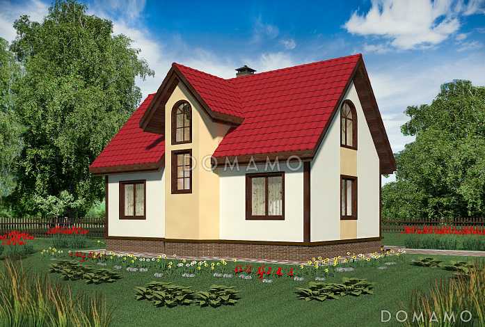 Проект небольшого каркасного дома с большим крыльцом и эркером.