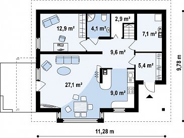 Проект полутораэтажного мансардного дома с кабинетом на первом этаже под каркасное строительство / План 1 этажа
