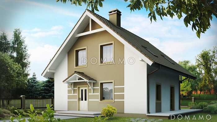 Проект загородного дома с камином, просторной гостиной, балконом, большой ванной с окном на мансарде