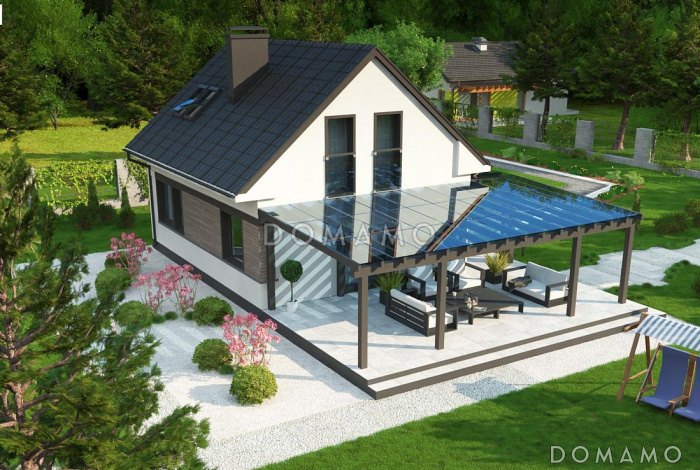 Проект компактного одноэтажного мансардного дома из газобетона с дополнительной спальней на первом этаже и большой крытой террасой