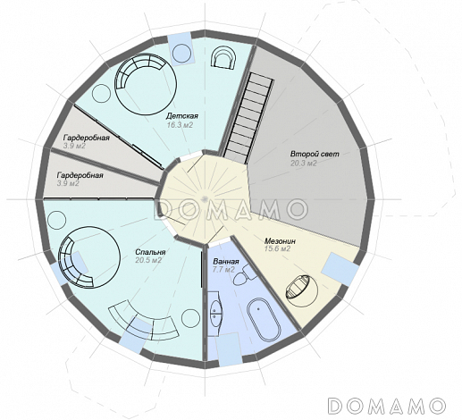 Проект купольного дома с 4 спальнями и видовой гостиной / План мансардного этажа