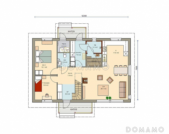 Проект современного двухэтажного каркасного дома с облицовкой деревянной вагонкой / План 1 этажа