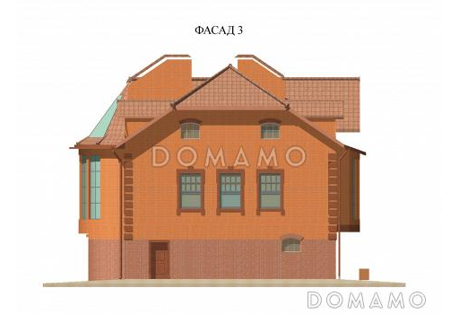 Проект двухэтажного дома с мансардой, с гаражом, с сауной, бассейном и вторым светом  / Фасад 3