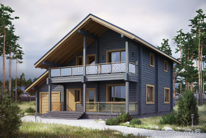 Проект комфортабельного дома из бруса с гаражом и изящной террасой