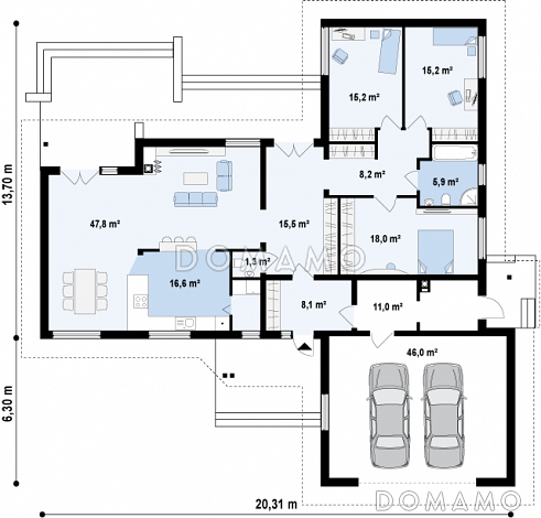 Проект просторного одноэтажного дома из газобетона с фронтальным гаражом на два автомобиля и отделённой зоной сна / План 1 этажа