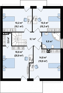 Проект просторного современного одноэтажного дома из газобетона  с мансардой, с двумя балконами в кровле и встроенным гаражом  / План мансардного этажа