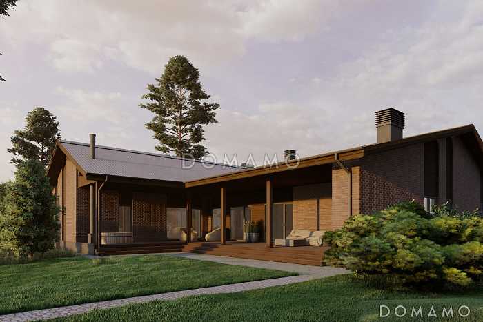 Проект дома из газобетона с сауной, 3 спальнями, террасой барбекю и навесом на 2 машины