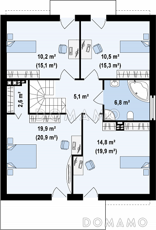 Проект просторного современного одноэтажного дома из газобетона  с мансардой, с двумя балконами в кровле и встроенным гаражом  / План мансардного этажа