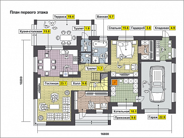 Частный дом с крытой террасой, гаражом на 1 машину, спальней на первом этаже, гостиной на первом и мансардном этаже / План 1 этажа