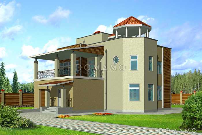 Проект двухэтажного дома с гаражом, просторным балконом и большой столовой