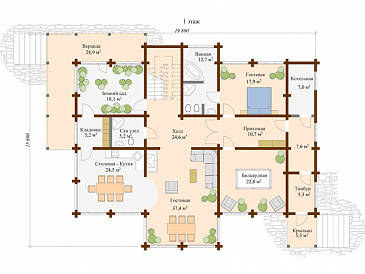 Проект дома из клееного бруса с зимним садом / План 1 этажа