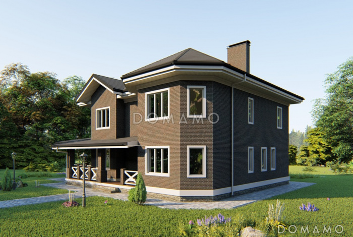 Проект загородного дома с террасами, детской и гостевой с эркером, сауной, просторной гардеробной на втором этаже 