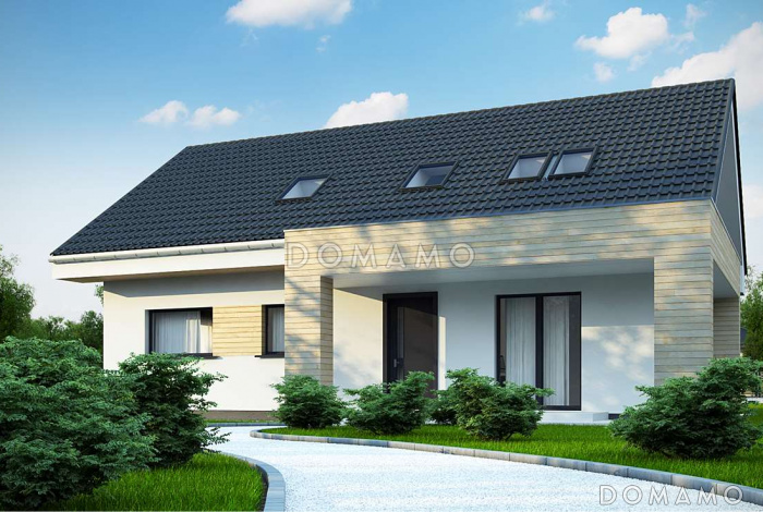 Проект одноэтажного мансардного дома из газобетона с угловой террасой