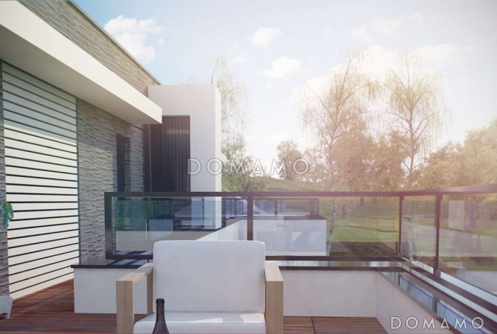 Проект современных мансардных домов-близнецов из кирпича с большим гаражом и открытой террасой на втором этаже