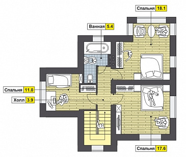 Проект дома с большой крытой террасой, просторной прихожей, ванной с окном на втором этаже / План 2 этажа